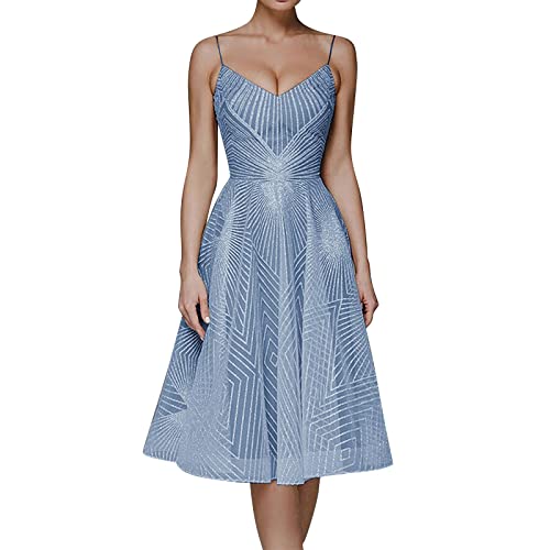Ydsxlp Cocktailkleid Damen Elegant Blumen Spitze Ärmellos Partykleid Ballkleid V-Ausschnitt Spaghettiträger Abendkleid Abschlusskleid Hohe Taille Camikleid A-Linie Swing Kleider(A Blau,XXL) von Ydsxlp