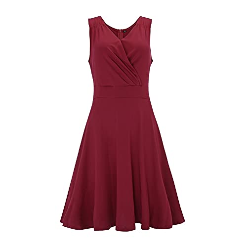 Ydsxlp Cocktailkleid Damen Faltenrock Retro Kleider Rockabilly Kleid Knielang Vintage Kleid Übergröße V-Ausschnitt Schlinge Gefaltet Schlagkleid mit Schlitz(C Weinrot,XXL) von Ydsxlp