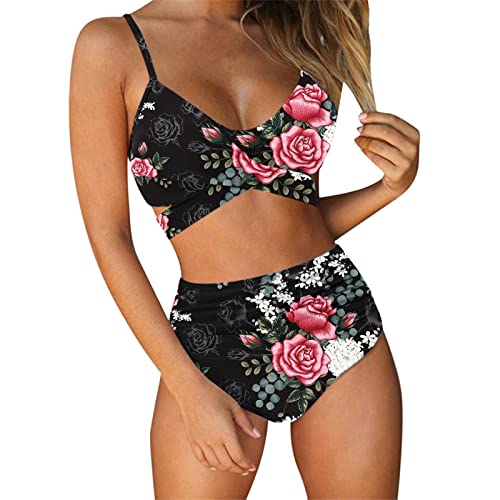 Ydsxlp Damen Bikini Set Triangel Breites Unterbrustband Gerippte Bademode Zweiteiliger Badeanzug Bikini Panty Push up BH Verstellbar Crossover Neckholder Bikinioberteil (32#Pink,XXL) von Ydsxlp