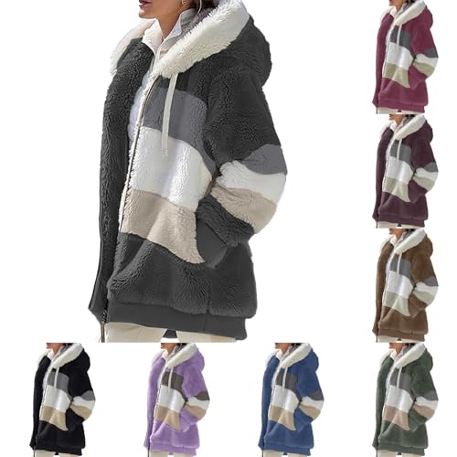 Ydsxlp Fleecejacke Hoodie Damen Winter Warm Teddy-Fleece Kapuzenpullover Große Größen Kapuzenjacke Winterjacke Mode Patchwork Plüschjacke Casual Kuscheljacke Teddyjacke Mit Taschen(C,5XL) von Ydsxlp