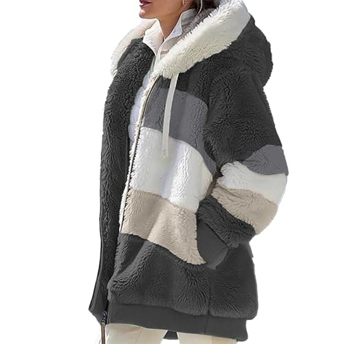 Ydsxlp Fleecejacke Hoodie Damen Winter Warm Teddy-Fleece Kapuzenpullover Große Größen Kapuzenjacke Winterjacke Mode Patchwork Plüschjacke Casual Kuscheljacke Teddyjacke Mit Taschen(Grün,M) von Ydsxlp