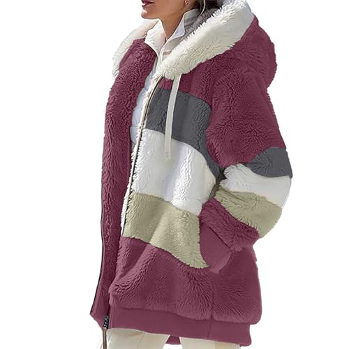 Ydsxlp Fleecejacke Hoodie Damen Winter Warm Teddy-Fleece Kapuzenpullover Große Größen Kapuzenjacke Winterjacke Mode Patchwork Plüschjacke Casual Kuscheljacke Teddyjacke Mit Taschen(Rot,XXL) von Ydsxlp