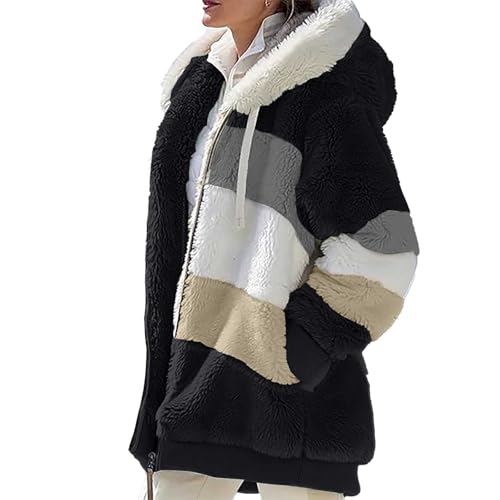 Ydsxlp Fleecejacke Hoodie Damen Winter Warm Teddy-Fleece Kapuzenpullover Große Größen Kapuzenjacke Winterjacke Mode Patchwork Plüschjacke Casual Kuscheljacke Teddyjacke Mit Taschen(Schwarz,3XL) von Ydsxlp