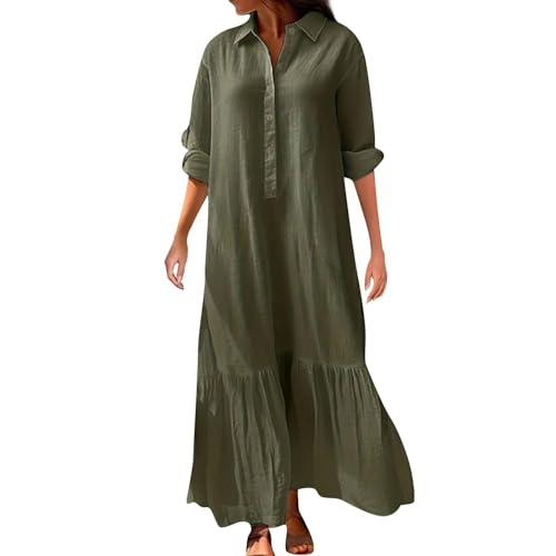 Ydsxlp Freizeitkleider Damen Große Größen Leinenkleid V-Ausschnitt Revers Blusenkleid Lange Tunika Kleid Casual Baumwolle Leinen Kleider mit Knopfleiste Bequeme Langarm Blusenkleid(A AG,XXL) von Ydsxlp