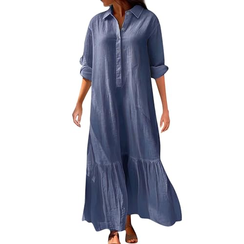 Ydsxlp Freizeitkleider Damen Große Größen Leinenkleid V-Ausschnitt Revers Blusenkleid Lange Tunika Kleid Casual Baumwolle Leinen Kleider mit Knopfleiste Bequeme Langarm Blusenkleid(A Blau,4XL) von Ydsxlp