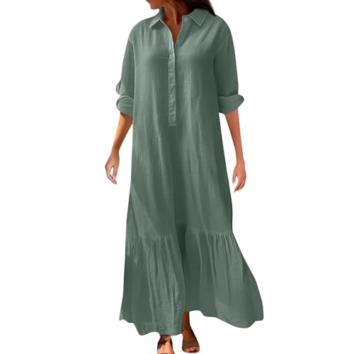 Ydsxlp Freizeitkleider Damen Große Größen Leinenkleid V-Ausschnitt Revers Blusenkleid Lange Tunika Kleid Casual Baumwolle Leinen Kleider mit Knopfleiste Bequeme Langarm Blusenkleid(A Grün,XXL) von Ydsxlp