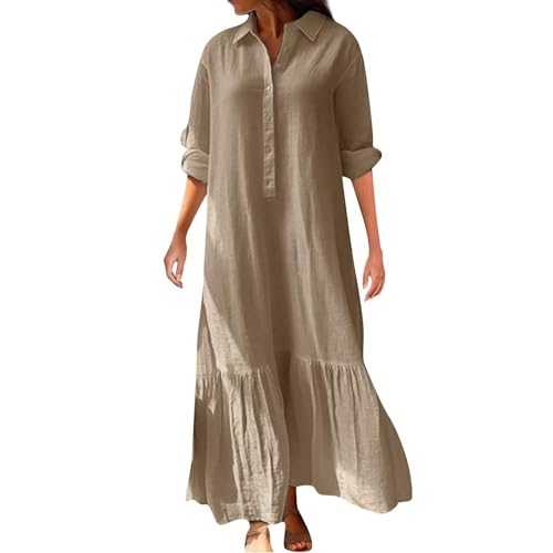 Ydsxlp Freizeitkleider Damen Große Größen Leinenkleid V-Ausschnitt Revers Blusenkleid Lange Tunika Kleid Casual Baumwolle Leinen Kleider mit Knopfleiste Bequeme Langarm Blusenkleid(A Khaki,5XL) von Ydsxlp