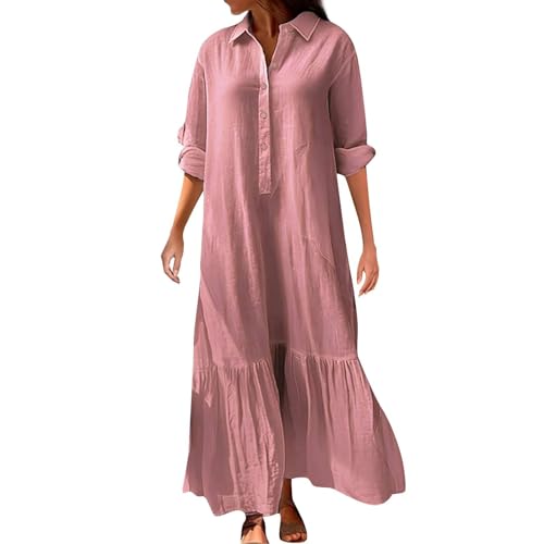 Ydsxlp Freizeitkleider Damen Große Größen Leinenkleid V-Ausschnitt Revers Blusenkleid Lange Tunika Kleid Casual Baumwolle Leinen Kleider mit Knopfleiste Bequeme Langarm Blusenkleid(A Rosa,4XL) von Ydsxlp