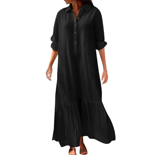 Ydsxlp Freizeitkleider Damen Große Größen Leinenkleid V-Ausschnitt Revers Blusenkleid Lange Tunika Kleid Casual Baumwolle Leinen Kleider mit Knopfleiste Bequeme Langarm Blusenkleid(A Schwarz,5XL) von Ydsxlp