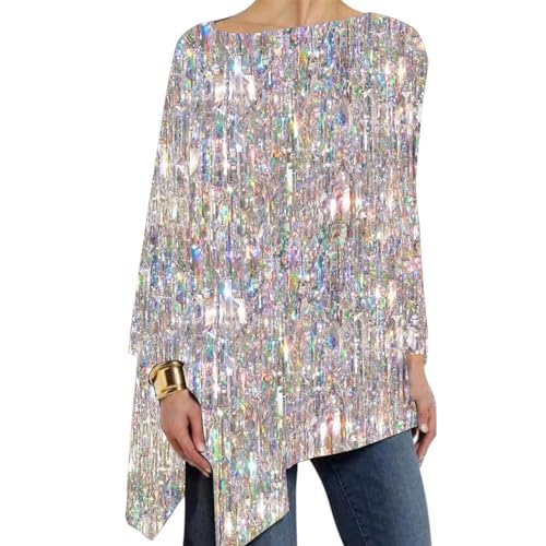 Ydsxlp Glitzer Langarmshirt Damen Oversize Rundhals Langarm Pailletten Sweatshirt Elegant Festlich Bluse Abend Party Glitzertop Oberteile Schön Glänzend Pailletten Tshirt Tops(A Silber,4XL) von Ydsxlp
