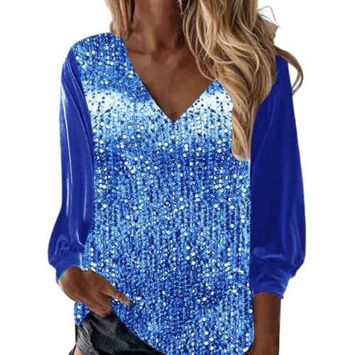 Ydsxlp Glitzer Oberteil Damen Mode Pailletten Pullover Silvester Bluse Festlich Shirt V-Ausschnitt Langarm Party Pulli Glitzerbluse für Frauen Große Größen Glitzershirt Tunika Tops(D Blau,XXL) von Ydsxlp