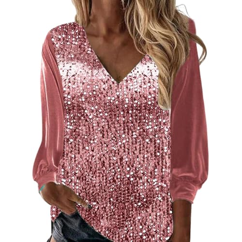 Ydsxlp Glitzer Oberteil Damen Mode Pailletten Pullover Silvester Bluse Festlich Shirt V-Ausschnitt Langarm Party Pulli Glitzerbluse für Frauen Große Größen Glitzershirt Tunika Tops(D Rot,M) von Ydsxlp