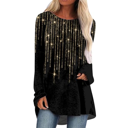 Ydsxlp Glitzer Oberteil Damen Vintage Pailletten Muster Langarmshirt Oversize Rundhals Langarm Sweatshirt Karneval Kostüm Bluse T-Shirt Tunika Club Oberteil Tops für Festlich Party(C Gold,5XL) von Ydsxlp