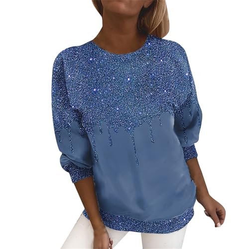 Ydsxlp Glitzer Oberteile Damen Große Größe Langarmshirt Frühling Farbverlauf Pailletten Druck Sweatshirt T Shirt Rundhals Langarm Pullover Bequeme Bluse Tunika Tops(A Blau,5XL) von Ydsxlp