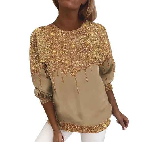 Ydsxlp Glitzer Oberteile Damen Große Größe Langarmshirt Frühling Farbverlauf Pailletten Druck Sweatshirt T Shirt Rundhals Langarm Pullover Bequeme Bluse Tunika Tops(A Gold,5XL) von Ydsxlp