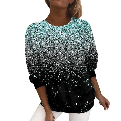 Ydsxlp Glitzer Oberteile Damen Große Größe Langarmshirt Frühling Farbverlauf Pailletten Druck Sweatshirt T Shirt Rundhals Langarm Pullover Bequeme Bluse Tunika Tops(D Grün,5XL) von Ydsxlp