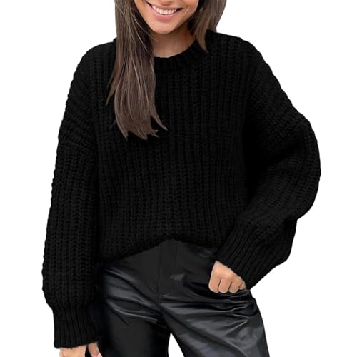 Ydsxlp Grobstrickpullover Damen Lässiges Locker Stricken Pulli Winter Basic Einfarbig Strickpullover Rundhals Langarm Beiläufige Pullover Sweatshirts mit Taschen Oberteile Tops(B Schwarz,XL) von Ydsxlp