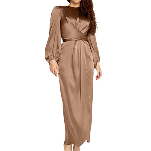 Ydsxlp Kleid Damen Elegant Einfarbig Satin Partykleid Maxikleid Langarm Laternenärmeln Einfarbig Cross Gürtel Gerüscht Rundhals Festtage Strandkleid Wickelkleid Festlich Kleider(A Braun,XXL) von Ydsxlp