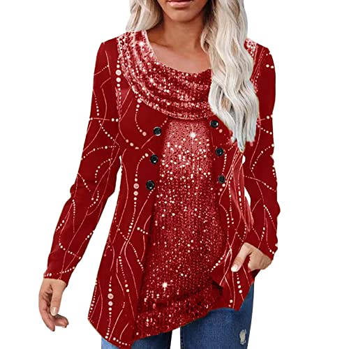 Ydsxlp Langarmshirt Damen Vintage Pailletten Druck Casual Lose Oberteile Glitzer Tunika Bluse T-Shirt V-Ausschnitt Langarm Pullover Lässiges T-Shirt Tops(D Rot,XXL) von Ydsxlp