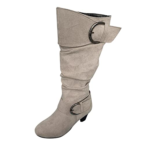 Ydsxlp Langschaftstiefel Damen Winterschuhe Vintage Slip-On Stiefel mit Mittlerer Wade Anti-Rutsch-Lederstiefel Reitstiefel Low Heel Schnürstiefel Leder Optik Booties Mode Lange Schuhe Boots Stiefel von Ydsxlp