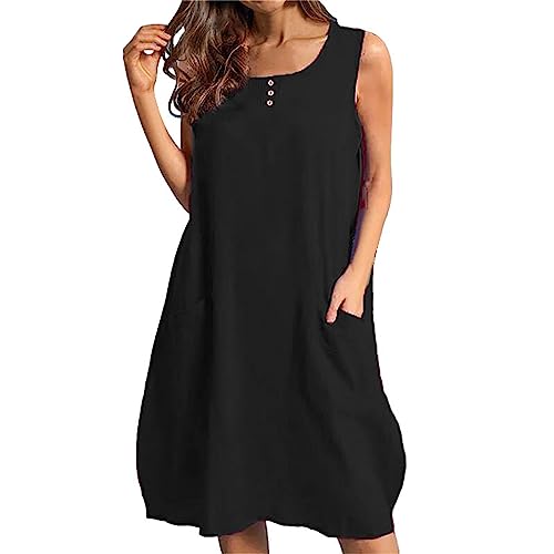 Ydsxlp Leinen Kleider Damen Sommer Einfarbig Ärmellos Baumwoll Leinen Tankkleid Große Größen Quadratischer Ausschnitt Sommerkleid Freizeitkleid A-Linie Kleider Strandkleid mit Taschen(A Schwarz,3XL) von Ydsxlp