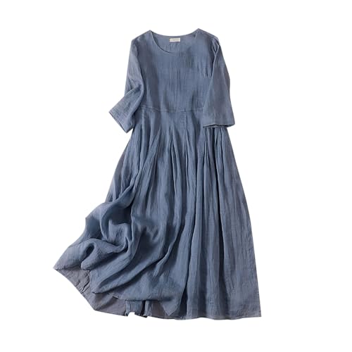 Ydsxlp Leinenkleid Damen Elegant Einfarbig A-Linie Midi Kleider Rundhals 3/4 Arm Sommerkleid Knielang Blusenkleider Freizeitkleid Casual Lose Shirtkleider Strandkleid(A Blau,M) von Ydsxlp
