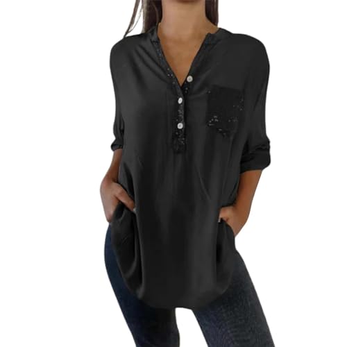 Ydsxlp Longbluse Damen Oversized Longshirt Elegant Einfarbige Langarmshirt Casual V-Ausschnitt Aufrollbaren Ärmeln Hemdbluse Basic Lose Langarm Bluse Oberteile Tops mit Taschen(A Schwarz,3XL) von Ydsxlp