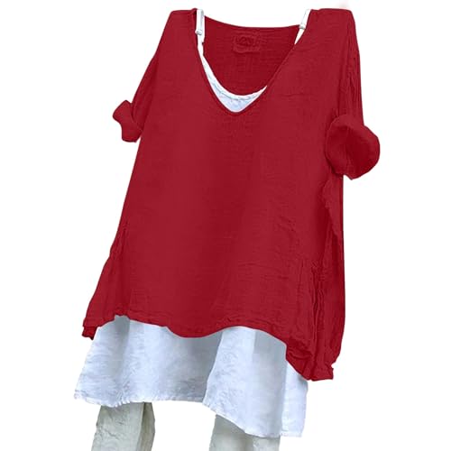 Ydsxlp Longbluse Damen Summer Vintage Einfarbig 3/4 Ärmel Leinenbluse Casual V-Ausschnitt Roll Up Ärmel Baumwolle Leinen Bluse Große Größen Leinenhemd Leichte Locker Blusenshirt Tops(B-Rot,3XL) von Ydsxlp