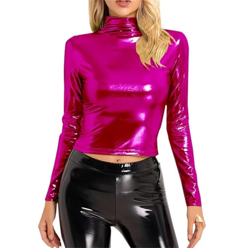 Ydsxlp Metallic Langarmshirts Damen Elegant Einfarbig Glänzend Metallische Bluse Glänzendes Rollkragen Langarm Crop Top Karneval Festival Kostüm Oberteile Slim Fit Party Club Shirt Tops(A C01,S) von Ydsxlp