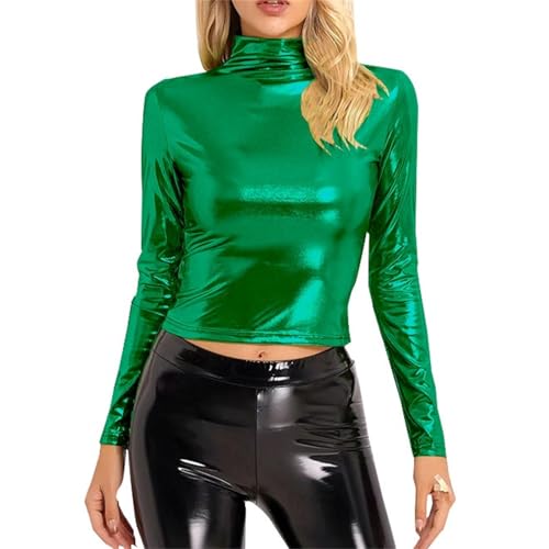 Ydsxlp Metallic Langarmshirts Damen Elegant Einfarbig Glänzend Metallische Bluse Glänzendes Rollkragen Langarm Crop Top Karneval Festival Kostüm Oberteile Slim Fit Party Club Shirt Tops(A Grün,L) von Ydsxlp