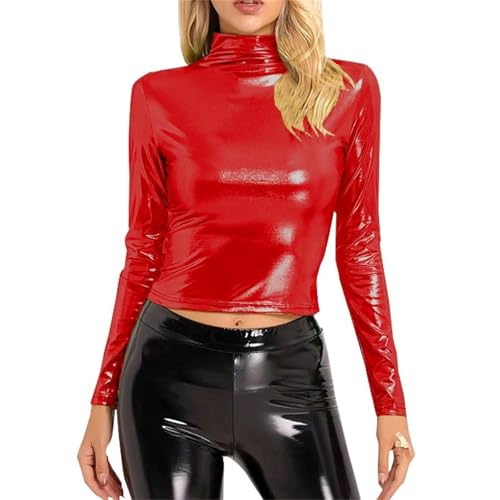 Ydsxlp Metallic Langarmshirts Damen Elegant Einfarbig Glänzend Metallische Bluse Glänzendes Rollkragen Langarm Crop Top Karneval Festival Kostüm Oberteile Slim Fit Party Club Shirt Tops(A Rot,S) von Ydsxlp