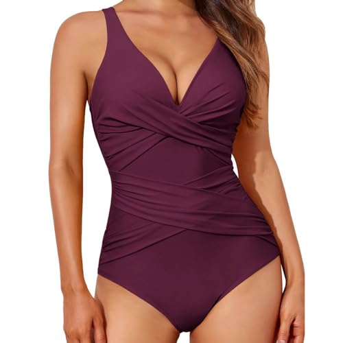Ydsxlp Monokini Damen Tief V-Ausschnitt Bauchweg Einteiliger Badeanzug Push up Bademode Swimsuit Farbblock Einteilige Bademode Slim Fit Geraffte Badeanzüge Strandkleidung(B Lila,XXL) von Ydsxlp