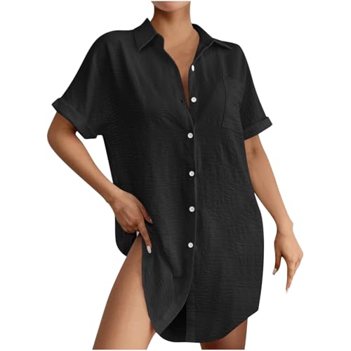 Ydsxlp Musselin Bluse Damen Große Größen Lange Leinenbluse Frauen Elegant Summer Einfarbig T-Shirt Casual Kurzarm Longshirt Oberteile Blusenkleid Übergröße Strand Hemd Damenblusen(A Schwarz,XXL) von Ydsxlp