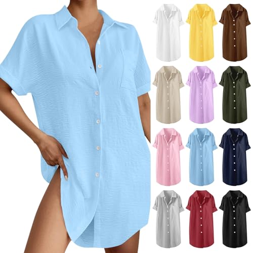 Ydsxlp Musselin Bluse Damen Große Größen Lange Leinenbluse Frauen Elegant Summer Einfarbig T-Shirt Casual Kurzarm Longshirt Oberteile Blusenkleid Übergröße Strand Hemd Damenblusen(A Hellblau,3XL) von Ydsxlp