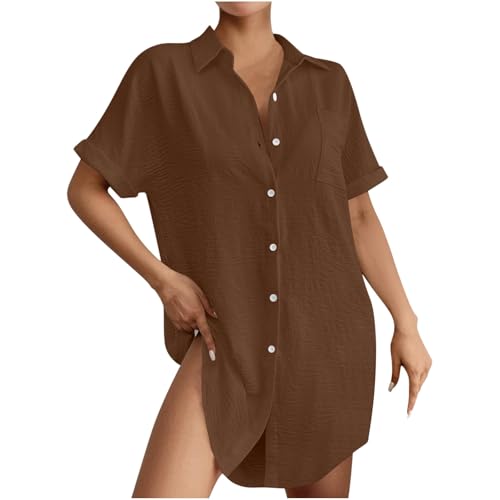 Ydsxlp Musselin Bluse Damen Große Größen Lange Leinenbluse Frauen Elegant Summer Einfarbig T-Shirt Casual Kurzarm Longshirt Oberteile Blusenkleid Übergröße Strand Hemd Damenblusen(A Braun,3XL) von Ydsxlp