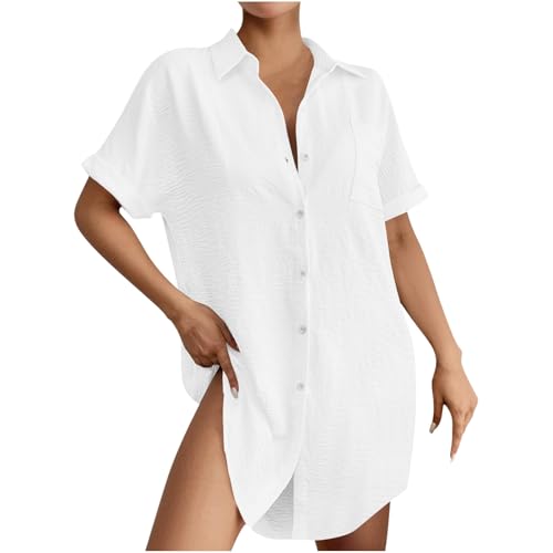 Ydsxlp Musselin Bluse Damen Große Größen Lange Leinenbluse Frauen Elegant Summer Einfarbig T-Shirt Casual Kurzarm Longshirt Oberteile Blusenkleid Übergröße Strand Hemd Damenblusen(A Weiß,3XL) von Ydsxlp