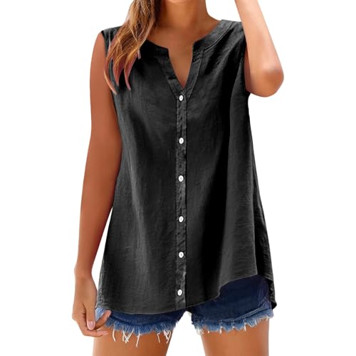 Ydsxlp Musselin Bluse Damen Summer Elegant Einfarbig Ärmellose Leinenbluse Große Größen Locker Blusenshirt Hemd Casual V-Ausschnitt Hemdbluse mit Knöpfen Bequeme Leichte Longbluse Tops(A Schwarz,4XL) von Ydsxlp