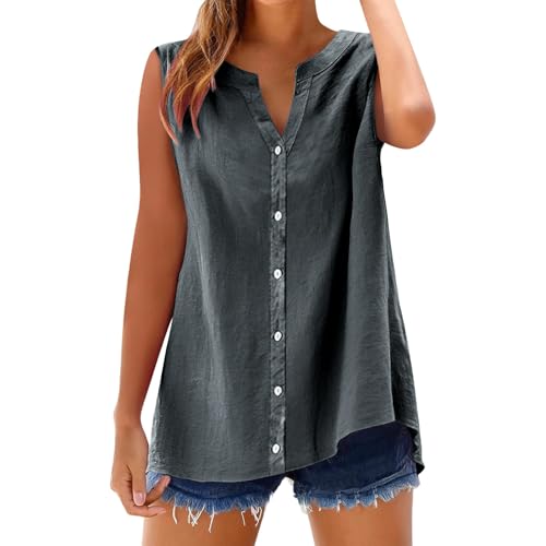 Ydsxlp Musselin Bluse Damen Summer Elegant Einfarbig Ärmellose Leinenbluse Große Größen Locker Blusenshirt Hemd Casual V-Ausschnitt Hemdbluse mit Knöpfen Bequeme Leichte Longbluse Tops(A Grau,XXL) von Ydsxlp