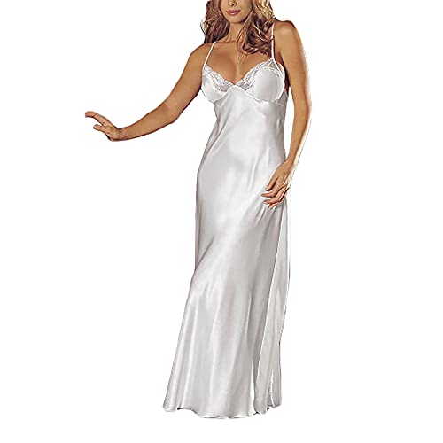 Ydsxlp Nachthemd Damen Satin Negligee Sexy Dessous Spitze Babydoll Unterwäsche Schlafrock V Ausschnitt Satin Spitze Langes Kleid Nachtkleid Spitze Unterkleid (A Weiß,3XL) von Ydsxlp