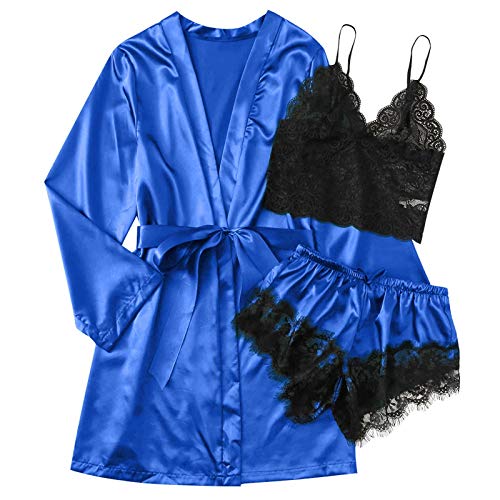 Ydsxlp Nachtwäsche Damen Pyjama Set 3/4 Stück Set Satin Nachthemd Shorts Schlafanzug Spitze Nachtwäsche Sexy Seiden Nachtkleid Negligee Robe(C Blau,M) von Ydsxlp