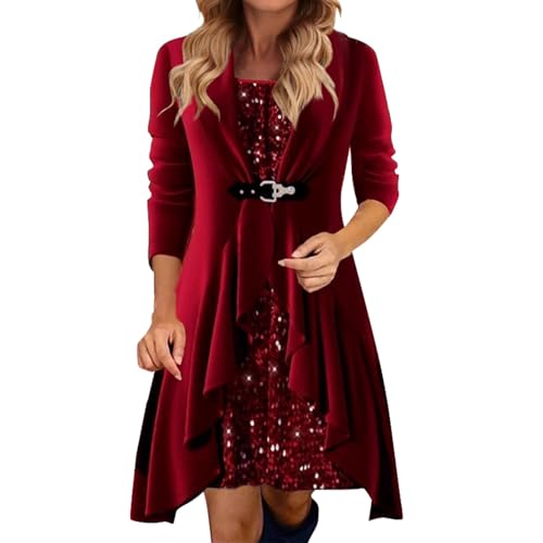Ydsxlp Paillettenkleid Damen Vintage Langarm Rundhals Festlich Cocktailkleid Elegant Glitzer Patchwork Partykleid Casual Knielang Glitzerkleid Hochzeit Ballkleid Silvester Kleid(B Rot,3XL) von Ydsxlp