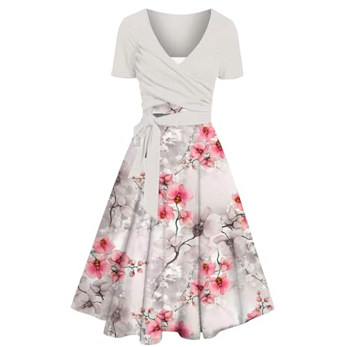 Ydsxlp Partykleid Damen Vintage Blumen Drucken Kurzarm Sommerkleid Casual V-Ausschnitt A-Linie Swing Kleider Lose Midikleid Elegant Hohe Taille Knielang Strandkleid Freizeitkleid(A Weiß,XXL) von Ydsxlp