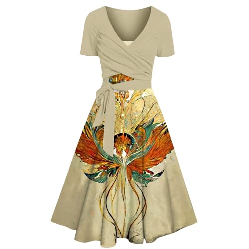 Ydsxlp Partykleid Damen Vintage Blumen Drucken Kurzarm Sommerkleid Casual V-Ausschnitt A-Linie Swing Kleider Lose Midikleid Elegant Hohe Taille Knielang Strandkleid Freizeitkleid(C Beige,XL) von Ydsxlp