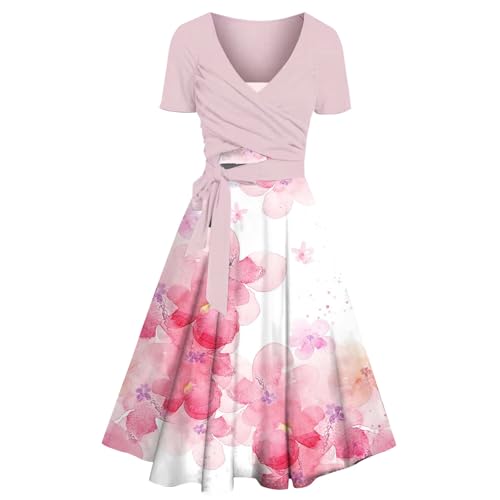 Ydsxlp Partykleid Damen Vintage Blumen Drucken Kurzarm Sommerkleid Casual V-Ausschnitt A-Linie Swing Kleider Lose Midikleid Elegant Hohe Taille Knielang Strandkleid Freizeitkleid(E Rosa,L) von Ydsxlp
