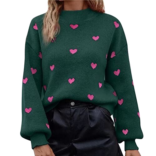 Ydsxlp Pullover Damen Herbst Winter Gestrickte Warme Strickpullover Jumper Valentinstag Herz Drucken Langarm Pullover Sweatshirt Casual Lose Colorblock Sweater Oberteile Tops(AB-Grün,L) von Ydsxlp