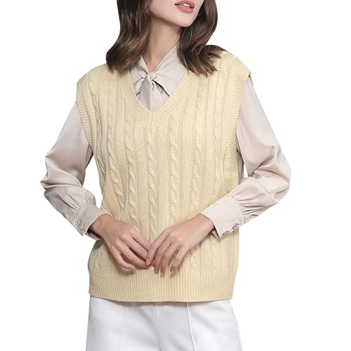 Ydsxlp Pullunder Damen Oversize Einfarbig Ärmellos Strick Casual Pullunder Strickweste Herbst V-Ausschnitt Stricken Weste Pullunder Casual Strick Tank Top Sweater Freizeit Pullunder(A Beige,S) von Ydsxlp