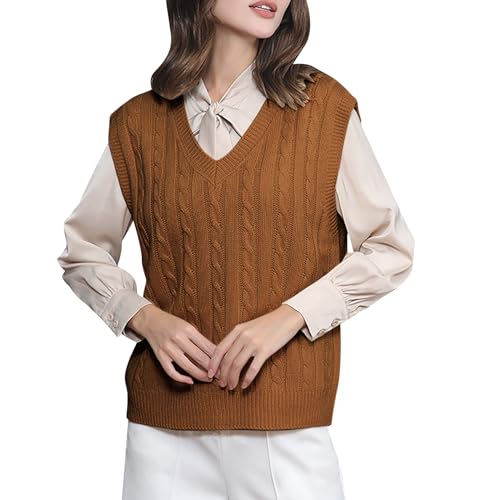 Ydsxlp Pullunder Damen Oversize Einfarbig Ärmellos Strick Casual Pullunder Strickweste Herbst V-Ausschnitt Stricken Weste Pullunder Casual Strick Tank Top Sweater Freizeit Pullunder(A Braun,M) von Ydsxlp