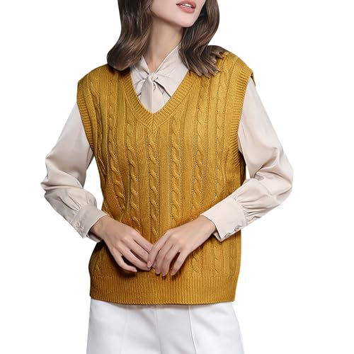 Ydsxlp Pullunder Damen Oversize Einfarbig Ärmellos Strick Casual Pullunder Strickweste Herbst V-Ausschnitt Stricken Weste Pullunder Casual Strick Tank Top Sweater Freizeit Pullunder(A Gelb,S) von Ydsxlp