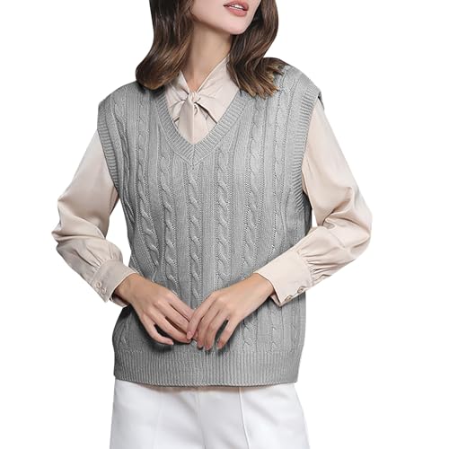 Ydsxlp Pullunder Damen Oversize Einfarbig Ärmellos Strick Casual Pullunder Strickweste Herbst V-Ausschnitt Stricken Weste Pullunder Casual Strick Tank Top Sweater Freizeit Pullunder(A Grau,M) von Ydsxlp
