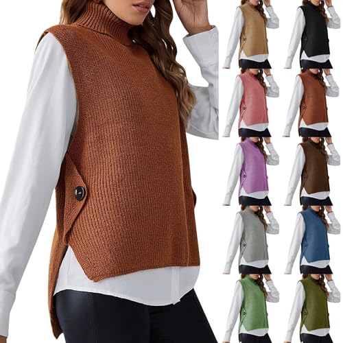 Ydsxlp Pullunder Damen Oversize Einfarbig Ärmellos Strick Casual Pullunder Strickweste Herbst V-Ausschnitt Stricken Weste Pullunder Casual Strick Tank Top Sweater Freizeit Pullunder(B Braun,L) von Ydsxlp
